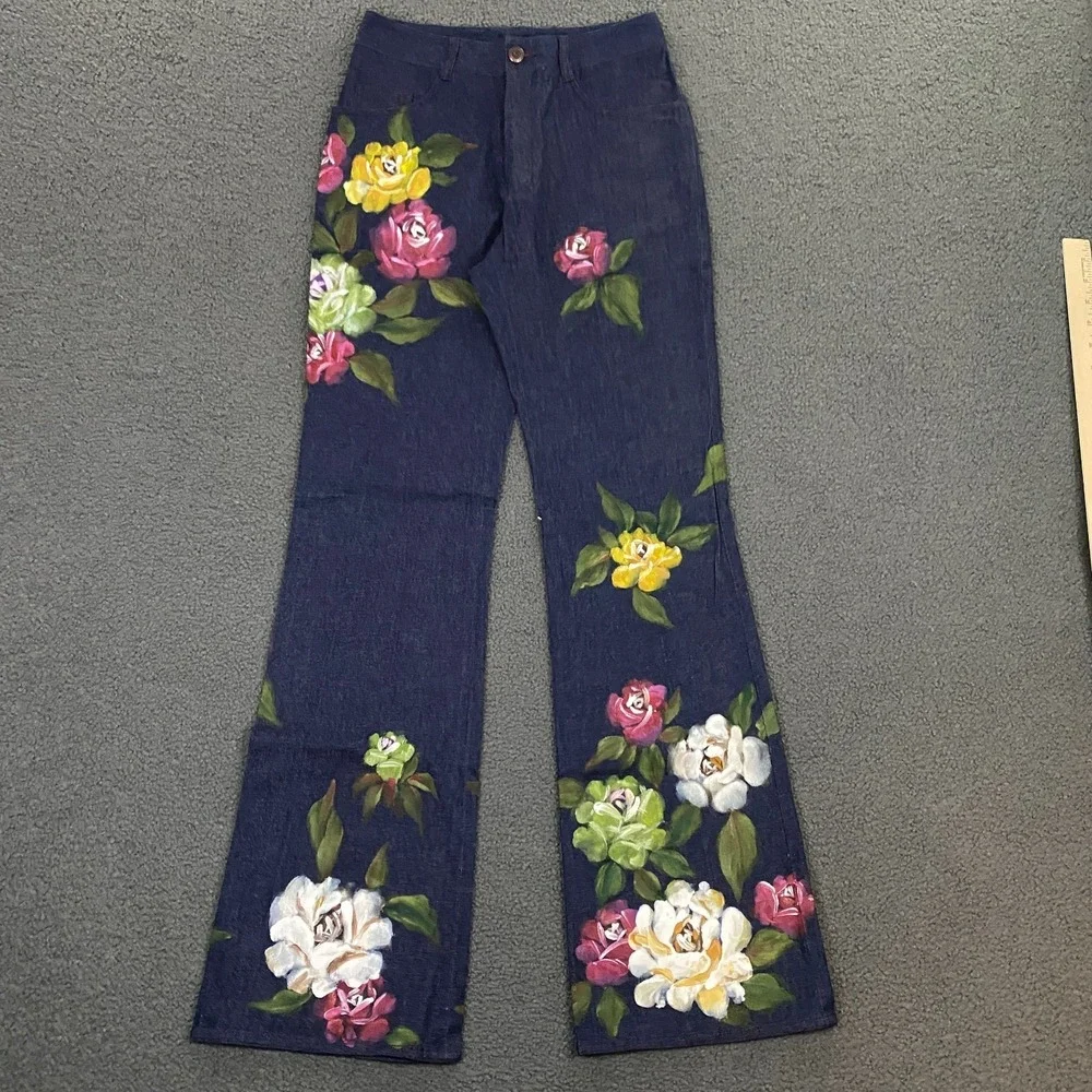 Vintage Y2K Mandalay Jeans size 4 Flare Bootcut Hand Painted Flowers Boho NEW - Picture 1 of 12